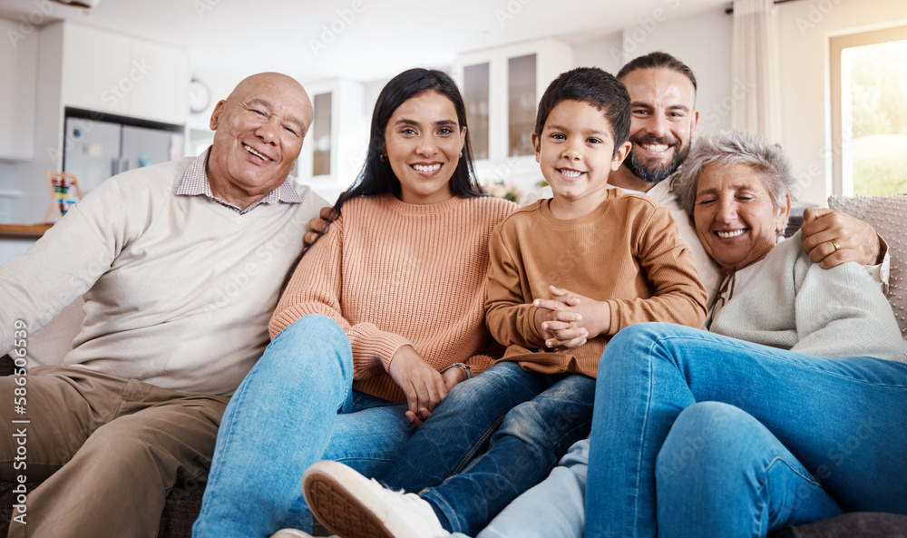 Relax, portrait and generations of family on sofa together, laughing and smiling in interracial home. Men, women and happy children on couch with grandparents, parents and kid in house living room.