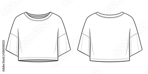Oversized short sleeves T-shirt fashion flat technical drawing template. Flat apparel T-shirt template front view, back view, white color. Unisex. men, women. CAD mock-up.
