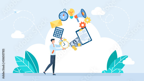 Businessman juggler planning time work. Management concept. Business and finances. Businessman juggling with office equipment.  Office worker juggles mail, documents, time, money. Vector illustration