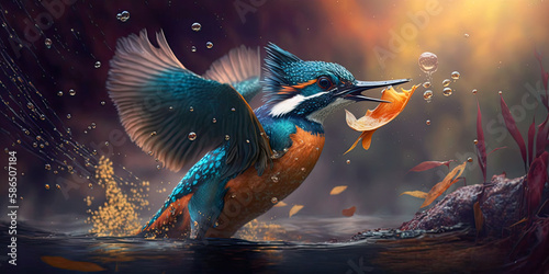 Beautiful kingfisher catching a fish - Generative AI