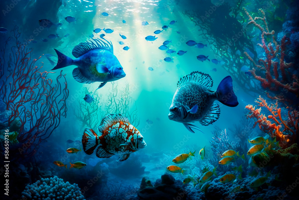 Fototapeta premium The underwater world in the ocean with fish corals and algae at the bottom of the sea in the sunlight underwater. Marine flora and fauna. Generative AI.