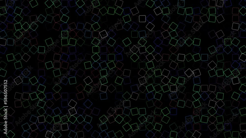 Multicolored flashing Squares on black background. Abstract festive background for advertising, congratulations, text. Colorful creative flat dynamic shapes animation. Business bg. 60 fps 3D render. Multicolored flashing Squares on black background. Abstract festive background for advertising, congratulations, text. Colorful creative flat dynamic shapes animation. Business bg. 60 fps 3D render.