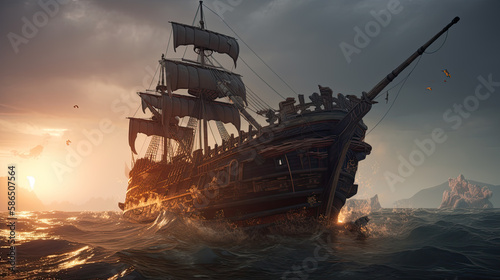 pirates ship in open sea, night scene with reflection , created using AI tools photo
