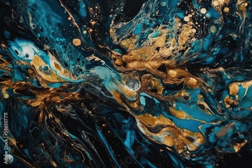 an abstract painting with gold and blue colors. Generative AI © AkuAku