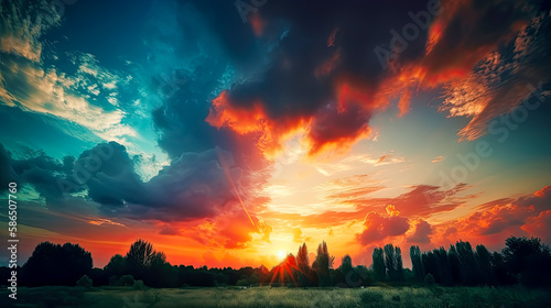 Beautiful sunset sky. Nature sky backgrounds. - Generative Ai - Landscape, Horizon, Clouds, Colors, Orange, Red, Yellow, Pink, Purple, Blue, Golden hour. 