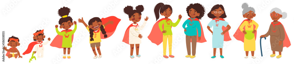 Collection of cute cartoon african american ladies, girls, young ladies, women and old ladies, vector illustration. Kids stile, super heroes. Girl power Collection of cute cartoon african american ladies, girls, young ladies, women and old ladies, vector illustration. Kids stile, super heroes. Girl power
