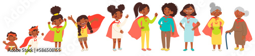 Collection of cute cartoon african american ladies, girls, young ladies, women and old ladies, vector illustration. Kids stile, super heroes. Girl power