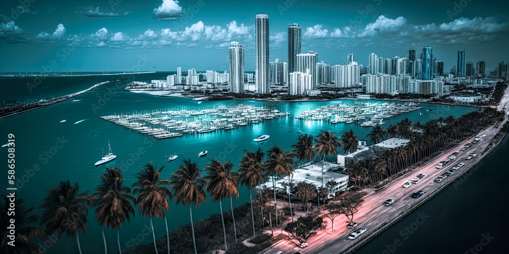 Miami city skyline at night - Generative AI