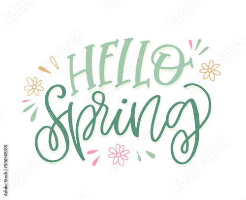 Spring time, Hello spring - cute hand dreawn doodle lettering postcard. T-shirt design, mug print.