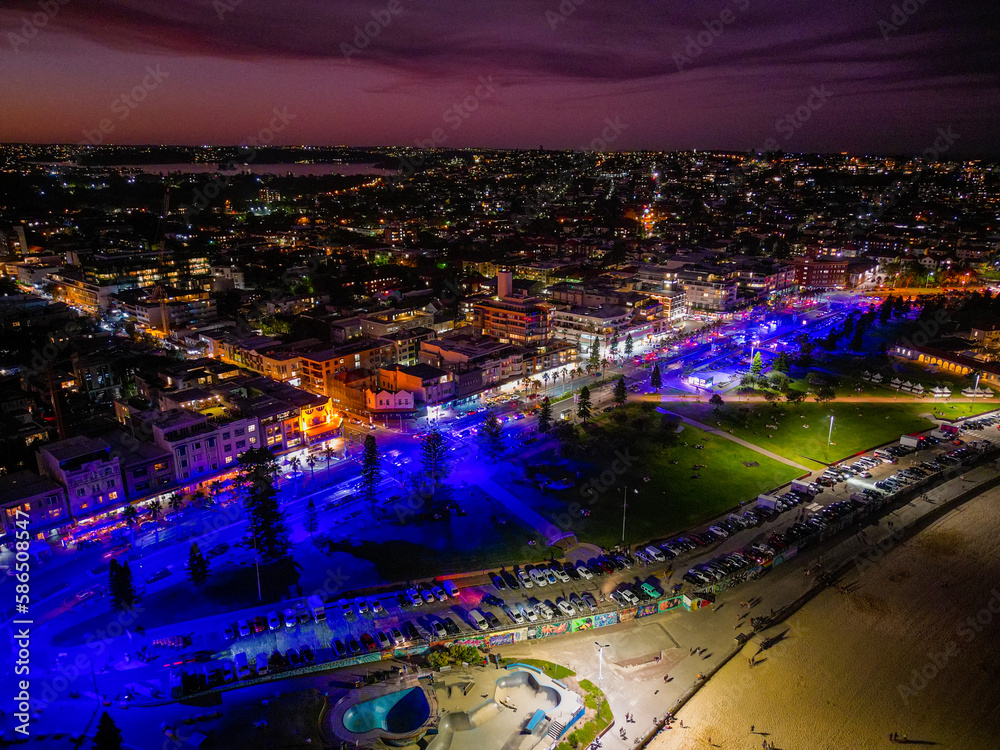Fototapeta premium Aerial view of colourful Lights at sunset on Bondi Junction Australia.