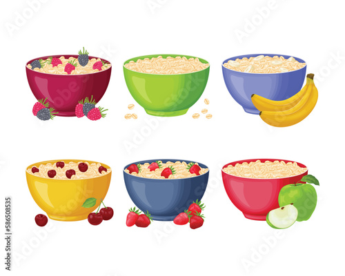 Oatmeal set. Collection of cups of oatmeal porridge with various fruits. Fruit porridge with banana, cherry, strawberry, apple and raspberry. Classic oatmeal porridge vector