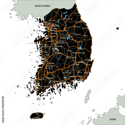 High detailed South Korea road map with labeling.