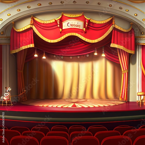 Cartoon theater stage with red curtains, created with generative ai