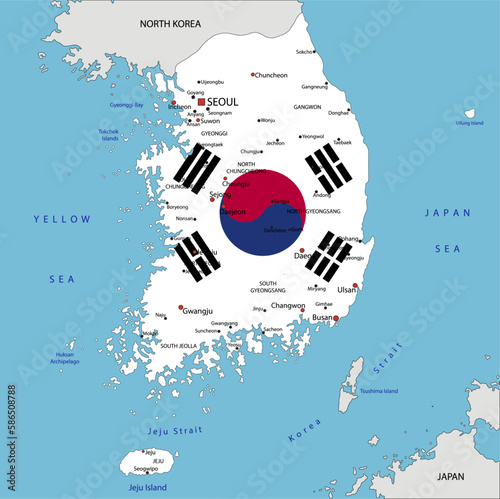 South Korea highly detailed political map with national flag isolated on white background.