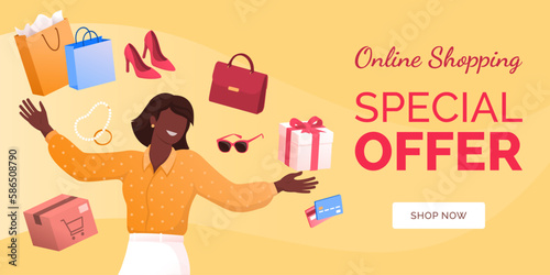 Happy woman doing online shopping banner