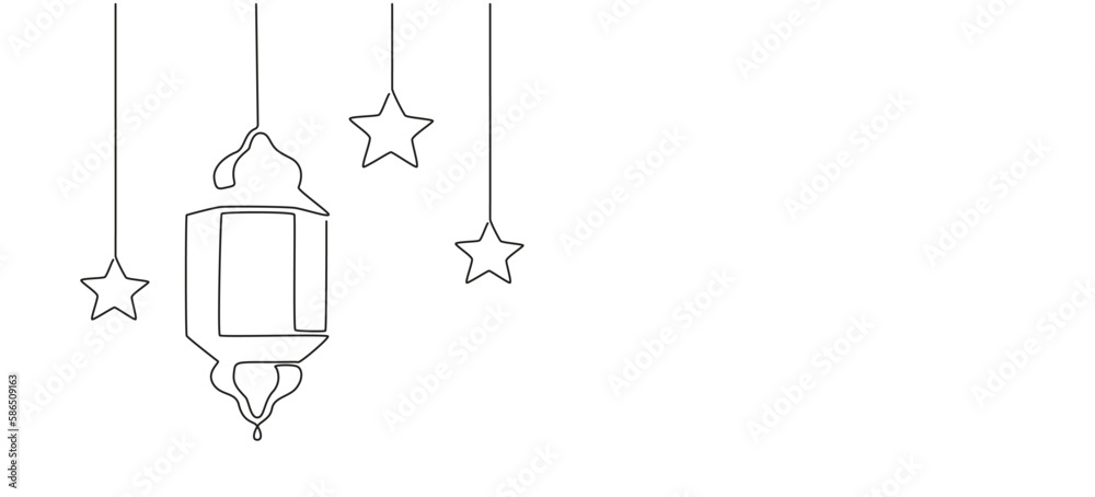Ramadan kareem in one continuous line drawing. Islamic decoration with lanter and star in simple linear style. Arabic religious holiday celebration. Editable stroke. Doodle vector illustration