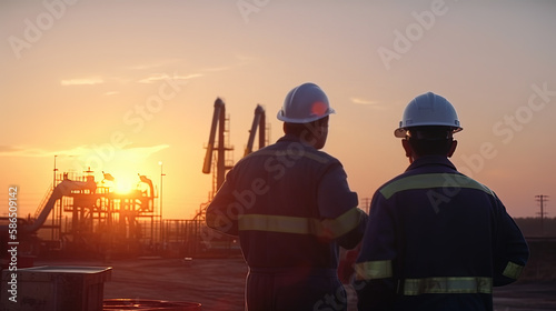 Two engineers at black oil factory at sunset, conceptual illustration, created using ai tool 