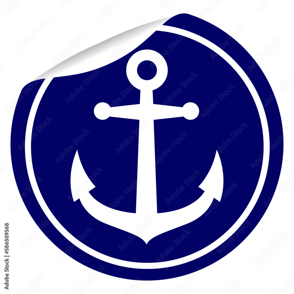 Logo nautical. Silueta de ancla de barco en pegatina circular con esquina plegada Logo nautical. Silueta de ancla de barco en pegatina circular con esquina plegada
