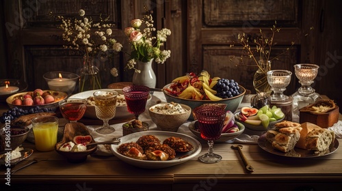 a memorable Passover feast in 8K, featuring delectable kosher food and lively conversations. This photorealistic portrait captures the holiday's warmth and joy with professional color grading