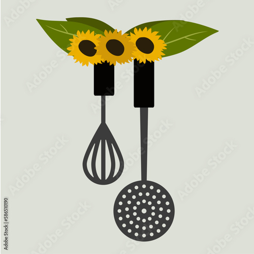 Illustration of Flat Design with Sunflowers Whisk and Mesh Skimmer