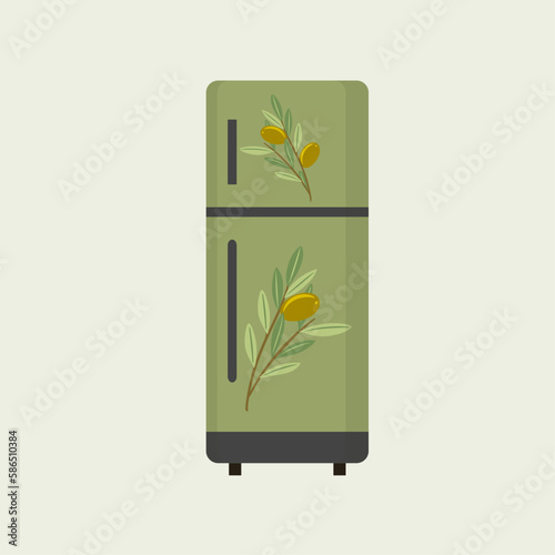  Illustration Flat Design Refrigerator with Pattern Olive