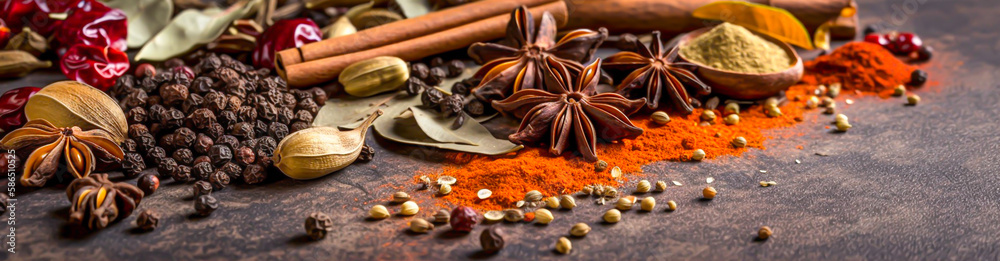 spices background, horizontal layout banner with copy space, generative ai