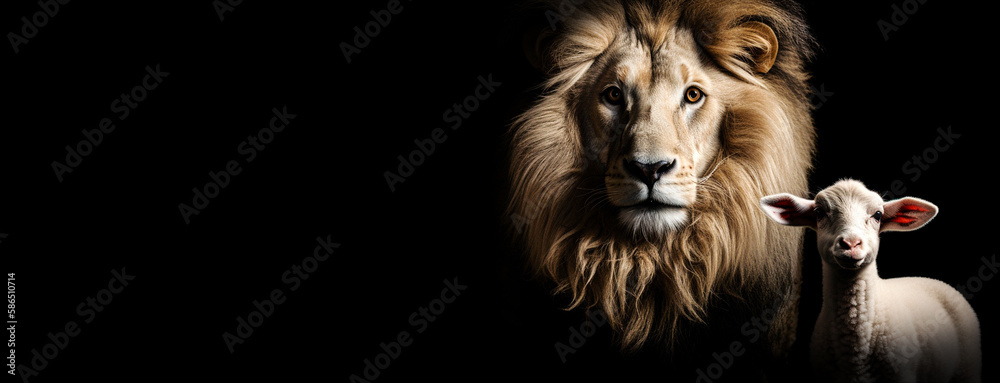 Löwe mit einem Lamm vor schwarzem Hintergrund, generative KI - obrazy, fototapety, plakaty 
