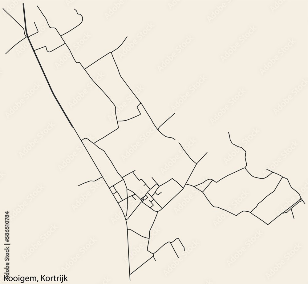 Fototapeta premium Detailed hand-drawn navigational urban street roads map of the KOOIGEM MUNICIPALITY of the Belgian city of KORTRIJK, Belgium with vivid road lines and name tag on solid background