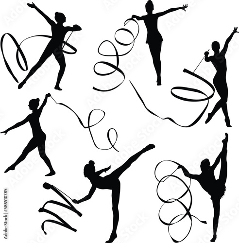 set rhythmic gymnastics female gymnasts exercise with ribbon black silhouette on white background, sports vector illustration