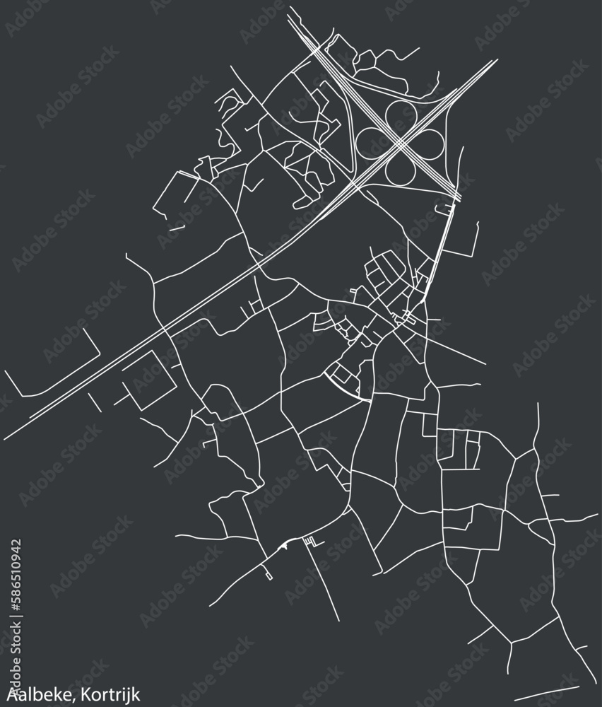 Detailed hand-drawn navigational urban street roads map of the AALBEKE MUNICIPALITY of the Belgian city of KORTRIJK, Belgium with vivid road lines and name tag on solid background