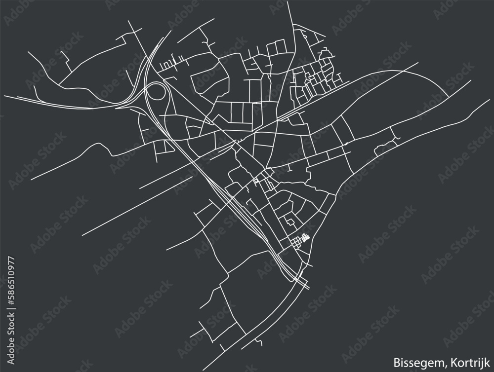 Detailed hand-drawn navigational urban street roads map of the BISSEGEM MUNICIPALITY of the Belgian city of KORTRIJK, Belgium with vivid road lines and name tag on solid background