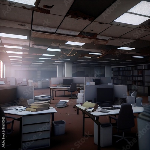 Empty office due to pandemic, computer game style, wide angle lens, created with generative ai © Natalia