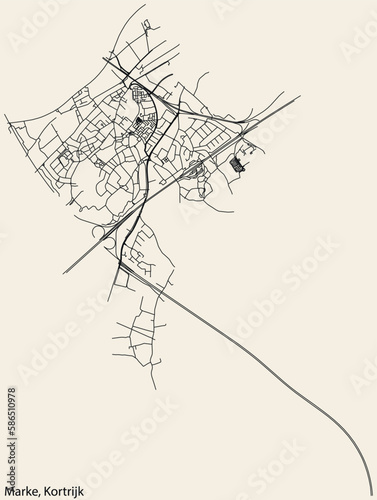 Detailed hand-drawn navigational urban street roads map of the MARKE MUNICIPALITY of the Belgian city of KORTRIJK, Belgium with vivid road lines and name tag on solid background