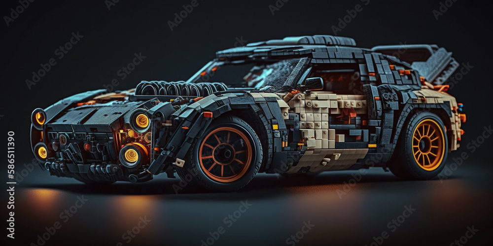 blocks car concept. Design of a car from a blocks constructor. Prototype toy car from a blocks constructor on a dark background. Created with Generative AI blocks car concept. Design of a car from a blocks constructor. Prototype toy car from a blocks constructor on a dark background. Created with Generative AI