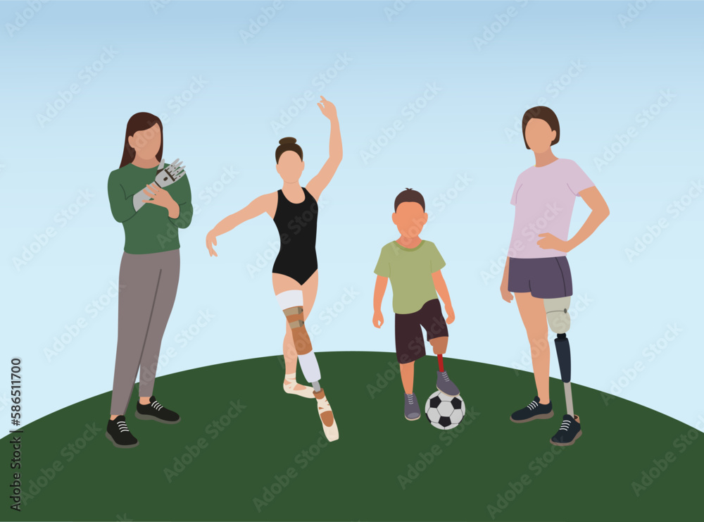 People with disabilities vector illustration. People with a bionic arm and a prosthetic leg. 