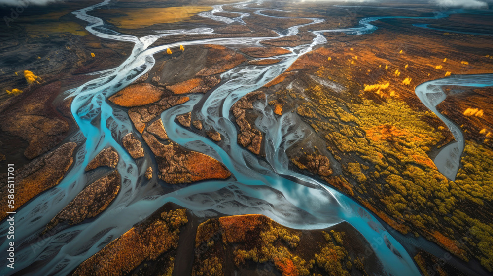 Drone view on braided river of Markarfljot in Iceland. Generative AI