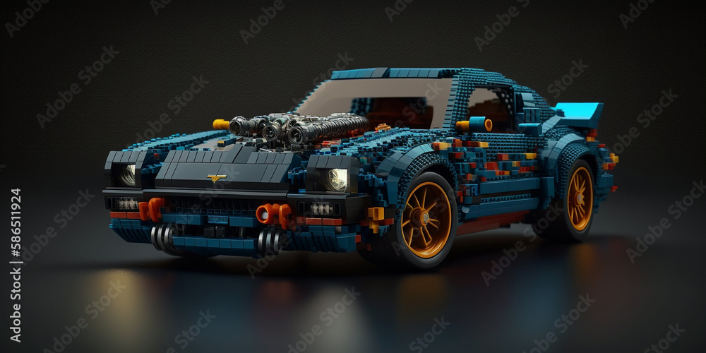 blocks car concept. Design of a car from a blocks constructor. Prototype toy car from a blocks constructor on a dark background. Created with Generative AI