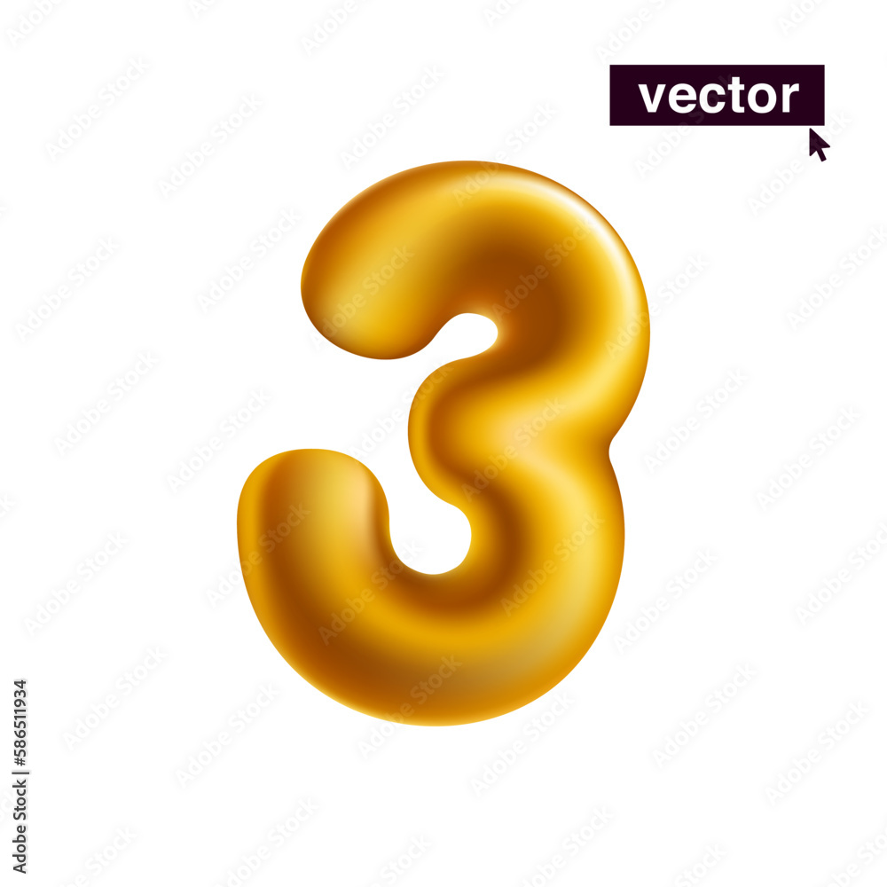 Number 3. Metallic golden three sign. Realistic 3D design in cartoon fun style on white background. Number 3. Metallic golden three sign. Realistic 3D design in cartoon fun style on white background.