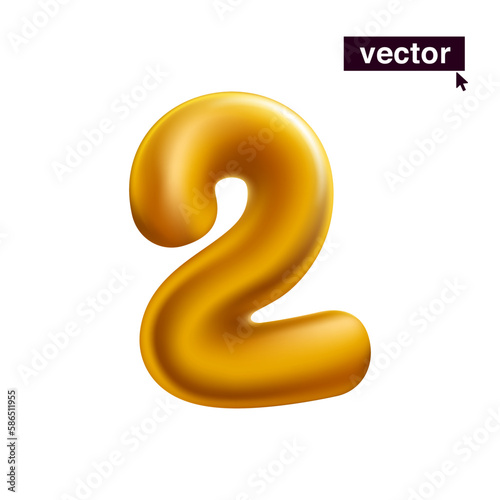 Number 2. Metallic golden two sign. Realistic 3D design in cartoon fun style on white background.