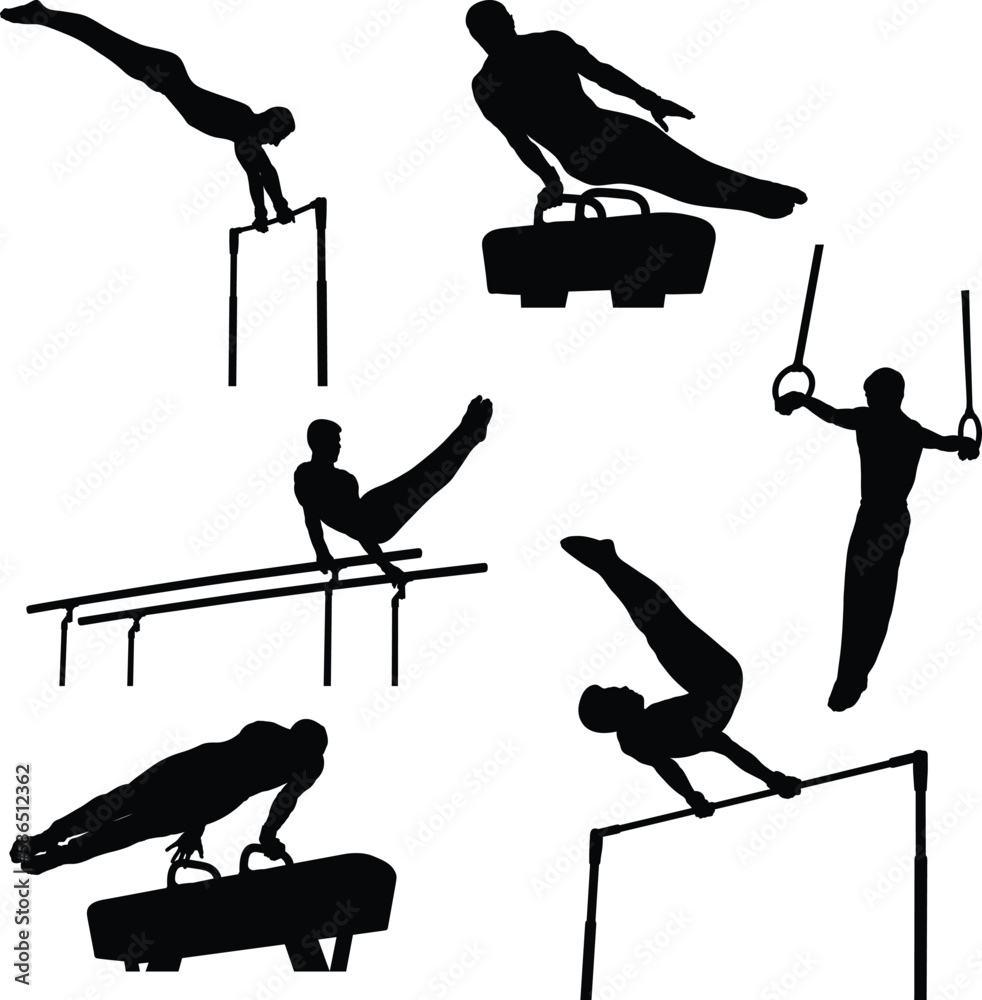 set athletes gymnastics black silhouette exercise pommel horse, still