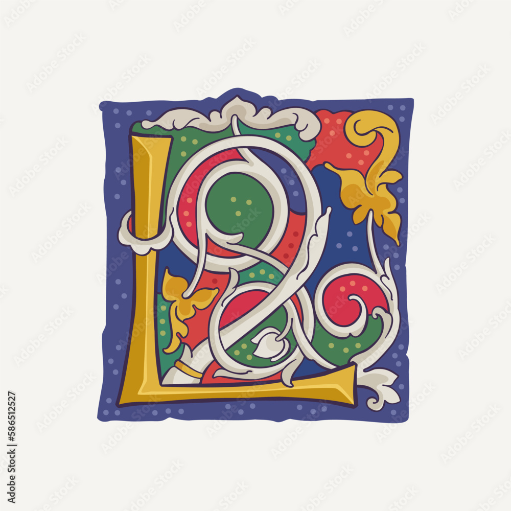 L letter drop cap logo with interlaced vine and gilding calligraphy elements. Renaissance initial emblem in white rose style.