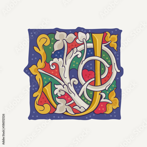 J letter drop cap logo with interlaced vine and gilding calligraphy elements. Renaissance initial emblem in white rose style.