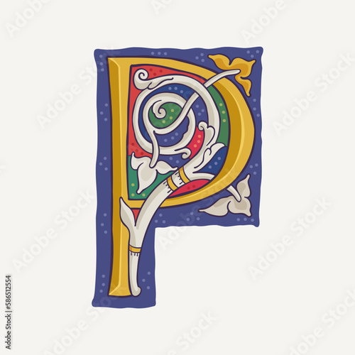P letter drop cap logo with interlaced vine and gilding calligraphy elements. Renaissance initial emblem in white rose style.