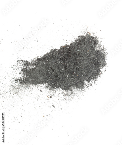 Black Husk rice seed grain fly in air. Burn black husk paddy falling scatter, explosion float in shape form line group. White background isolated freeze motion high speed shutter