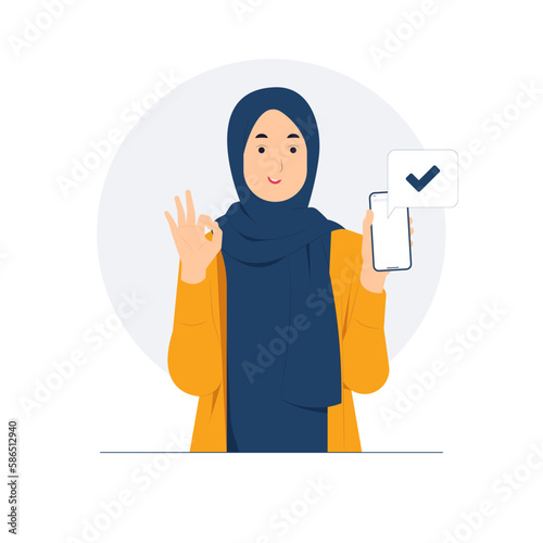 Muslim woman with approved gesture ok sign, standing and holding mobile smart phone, showing thumbs up concept illustration