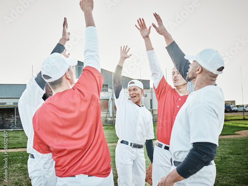 Photography Hands up, motivation or sports people in huddle with support, hope or faith on baseball field in game together