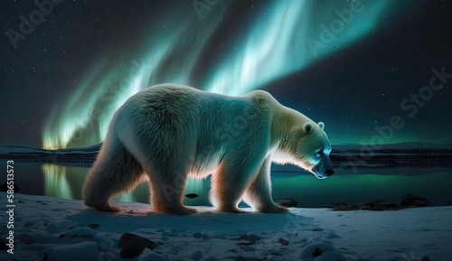 a polar bear underneath the northern lights. Generative AI.