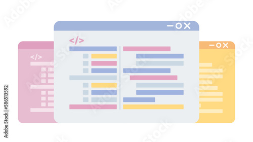 Coding screens semi flat color vector icon. Webpages with running codes, script. Editable full sized elements on white. Simple cartoon style spot illustration for web graphic design and animation