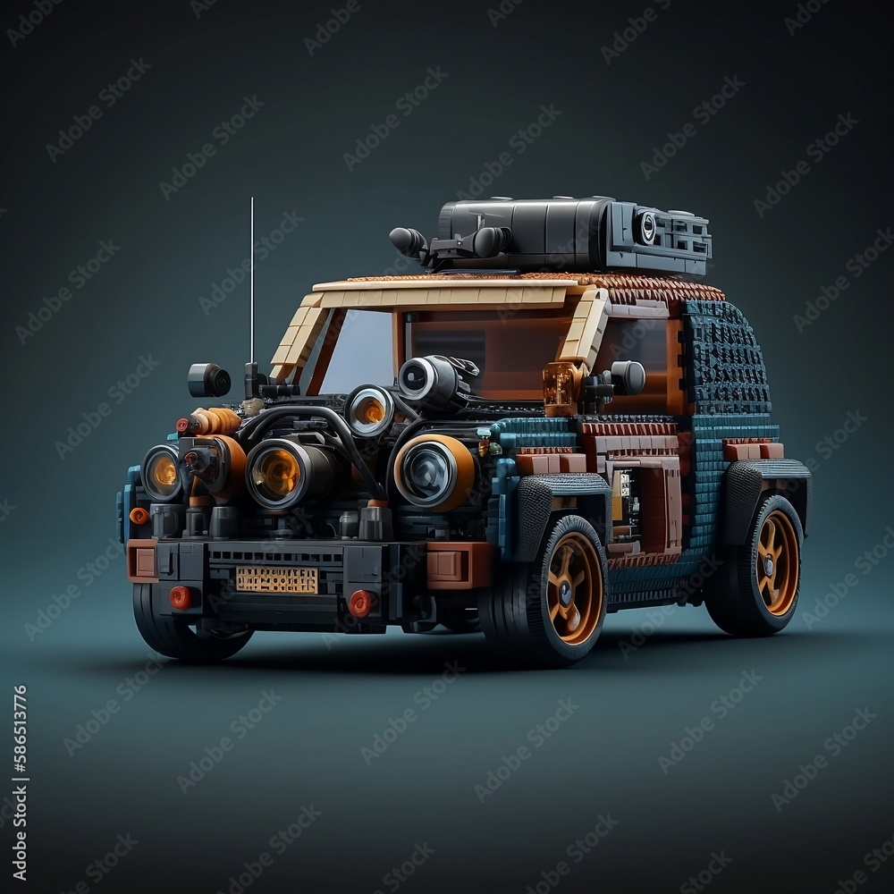 blocks car concept. Design of a car from a blocks constructor. Prototype toy car from a blocks constructor on a dark background. Created with Generative AI