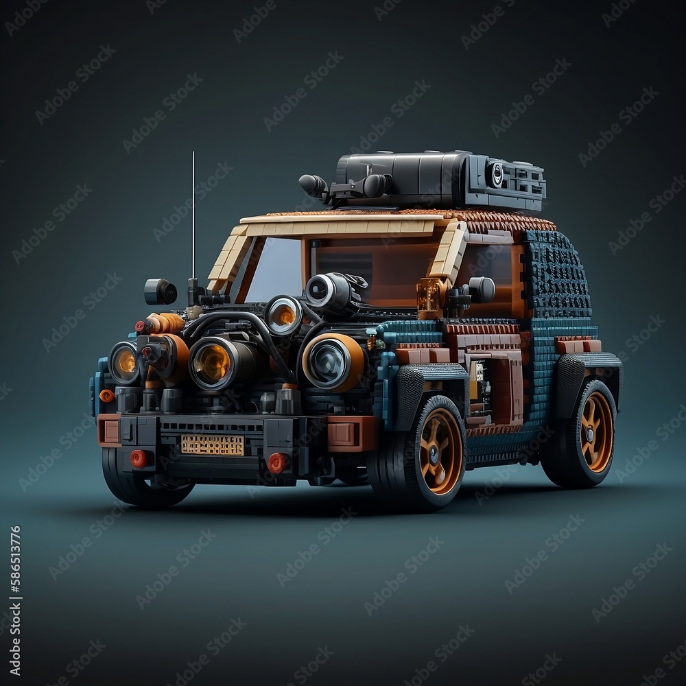 blocks car concept. Design of a car from a blocks constructor. Prototype toy car from a blocks constructor on a dark background. Created with Generative AI blocks car concept. Design of a car from a blocks constructor. Prototype toy car from a blocks constructor on a dark background. Created with Generative AI